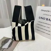 Patterned Knit Tote Bag SKU-02 - Stripes - Black & White - One Size