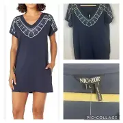 NIC+ZOE V-Neck Embroidered S/S T-Shirt Mini Shift Dress Navy Blue - L New
