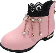 [Egmy] Kids Girls Ankle Bootie With Side Buckle and Zipper,Dress Boot -Youth Toddler Walking Shoes Fragile Strap Girls Low