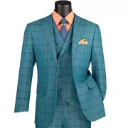 BIG & TALL Men's Teal Blue Windowpane 3pc 2-Button Modern Fit Suit NWT