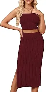 [WanMem] Womens Summer 2 Piece Skirt Sets Spaghetti Cami Crop Top Bodycon Side Slit Midi Dress Outfits