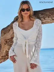Sosandar White Crochet Fluted Sleeve Tie Front Cardigan (E68425) | $127