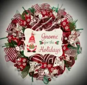 Handmade mesh Christmas Wreath XL 22 in gnomes peppermint ribbon fireplace swag