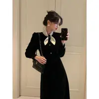 在飛比找ETMall東森購物網優惠-小黑裙赫本法式絲絨領帶連衣裙