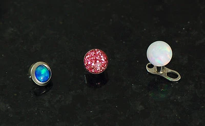 3 Pc Mixed 4mm White Opal, Blue Opal Pink Glitter Dermal Anchor Heads 14G 1.6mm