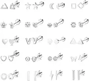 [PLOMFOV] 20Pairs Stainless Steel Stud Earrings Set for Women Men 18G Cartilage Stud Earrings Moon Star Triangle Circle Heart Square Butterfly CZ Stainless Steel Flat Back Earrings Piercing Jewelry