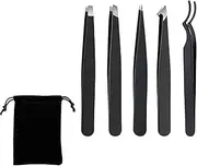 Professional Stainless Steel precision Eyebrow &False Eyelashes Tweezers 5 Pack for Eyebrows Plucking Facial & Ingrown Hair Splinter blackhead & Tick Remover False Eyelashes Tools Set… (Cluster)