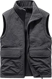 [Generic] Men's Double-Sided Vest Outdoor Fleece Lightweight Sleeveless Jacket Multi Pocket Zipper Workwear Outerwear, Grey, 6X-Large
