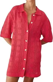 [EZAPINE] Crochet Dresses for Women Short Sleeve V Neck Button Up Casual Mini Shirt Dress