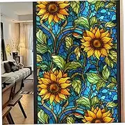 Sunflower Window Clings Non Adhesive Stained Glass Window Film Anti UV Stained Glass Cling Removable Cling Privacy Film Colorful Decorative for Home 17.7 * 39.4inch