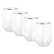 Silver Trim Plastic Stemless Wine Glasses 350ml (Pack of 4)