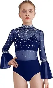 [Jugaoge] Kids Jazz Ballet Leotard Sparkly Rhinestone Strappy Back Bodysuit Dancewear for Lyrical Figure Skating Dance