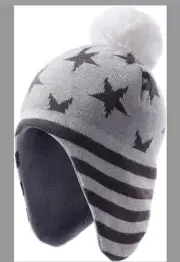 Kids Fleece Lined Beanie Hat Toboggan Stars Stripes Bk/Wh (Size L 4-8 Year Old)