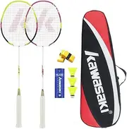 Kawasaki Badminton Rackets, Professional Graphite Shaft Badminton Set of 2 for Backyard Sports, Training & Entertainment with 3 Badminton Shuttlecocks/2 Overgrips/1 Carry Bag(Purple Green)