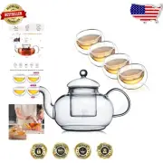 Versatile 20oz Teapot and 4 Double-Wall Teacups - Dishwasher & Microwave Safe