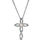 4.0mm Lab-Created Opal and 0.1 CT. T.W. Diamond Twisted Cross Pendant in Sterling Silver