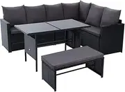 Gardeon Outdoor Table and Chairs 8 Seater Rattan Sofa Lounge Set Wicker Dining Tables Chair Setting, Patio Furniture Garden Backyard, Weather-Resistant Cushions Pillows Black with Bench