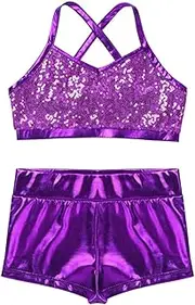 [Aislor] Kids Big Girls Two-Piece Dance Sports Outfits Sets Sequined Criss-Cross Tank Tops with Shorts