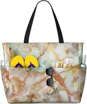[Ghjkfbf] Golden Marble Print Large Capacity Beach Travel Bag For Family, Beach Tote Bag For Women With Zipper Pockets, Black, One Size