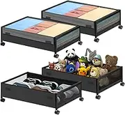 Fulpower Under Bed Storage with Wheels, Upgraded Under Bed Rolling Storage with Lid, 4-Pack Bedroom Underbed Large Storage Cart with Lid for Clothes,Toy, Book, Blanket Black(24.4 x 16.5 x 7.3 in)