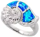 Fine Women Silver Rhodium Plated, Simulated Opal Inlay Snail Shell Ring 15mm