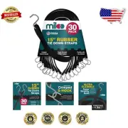 USA-Made 30 Pack of 15-Inch Rubber Bungee Cords with Crimped Metal Hooks