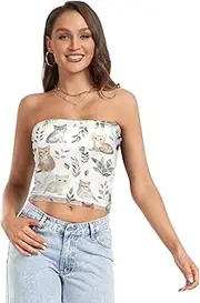 [RPLIFE] Watercolor Cute Cats White Coastal Summer Tops, Women Strapless Top, Sheer Tube Tops, Trendy Crop Tops (S)