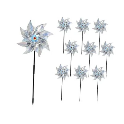 Reflective Pinwheels with Stakes, 10 Pack, Extra Sparkly Garden Decor, Silver