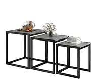 [VERFARM] Nesting Table Set of 3 Side Table, Modern Minimalist Coffee Table, Stackable Tables with Metal Wood Stacking Side Table for Living Room, Bedroom, Grey/Black