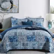 Blue Bohemian Cotton Reversible Rustic Patchwork Printed Bedding Quilt Coverl...