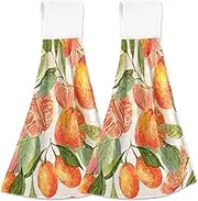 Chic Orange Green Leaves Hand Towel with Loops for Hanging Ultra Absorbent Oven Fingertip Towel Set of 2, Custom Cute Kitchen Decorative Towels 18.2 x 14 Inch