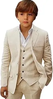 [optkeat] Boys Linen Suit Set Boys Summer Beach 3 Pieces Slim Fit Kids Tuxedo Suit Blazer Vest Pants Suit