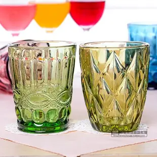 摩登主婦 復古浮雕喝茶杯創意玻璃杯果汁杯 檸檬杯彩色玻璃水杯