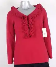 NWT WOMEN'S REBA SOFT SWEATER Size L "GOLDEN REGALIA LIPSTICK RED" Ruffle V~Neck