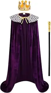 yolsun King Costume Cape for Unisex Adult Hooded Cloak, Full Length Halloween Velvet Cape and Crown & Scepter 3PCS Set