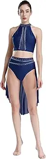 [TiaoBug] Women Lyrical Dance Costume Contemporary Dancewear Rhinestones Crop Top with Flowy Leotard Skirt 2 Piece Outfit