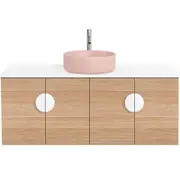 CIBO 1200mm Oak Mornington Wall Hung Bathroom Vanity With Pink Basin And White Handles