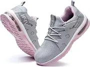 [Ifivky] Steel Toe Shoes for Women Lightweight Air Cushion Breathable Work Shoes Comfortable Puncture Proof Slip Resistant Safety Shoes Composite Toe Sneakers