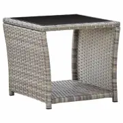 Garden Coffee Table PE Rattan Glass Top With Storage Shelf Patio Furniture Grey