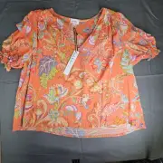 Nicole Miller Boho Peasant Style Top Flutter Sleeve Orange Floral ~ XL