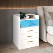 Advwin Bedside Table RGB LED Nightstand 3 Drawers with Charging Station and USB Port White