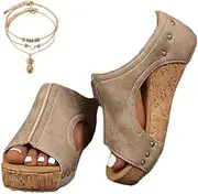 [EAIMi] Lumi Cork Wedges & Platform Slides, Women's Thick Sole Comfy Leather Wedge Non-slip Summer Sandals Cork Sandals