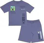 [Minecraft] Creeper Boys Short Sleeve T-Shirt & Shorts with Lenticular Image Changing Patch, 2-Piece Gamer Outfit Shorts Set