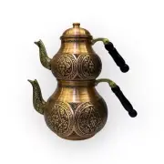 Teapot Set Embroidered Hammered Copper, Turkish Double Tea Kettle Ottoman Style