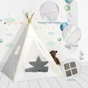 White Canva Foldable Teepee Tent for Kids w/ Padded Mat & Light String & Bunting
