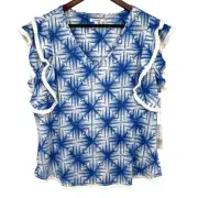 NEW NWT MSRP $70 Chicos Sz 3 XL 100% LINEN Blue Ruffle Blouse Shirt Top Beach