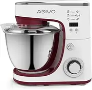 ADIVO 1300W Stand Mixer with 5L Stainless Steel Mixing Bowl & LED Display, 6 Speed Food Processor with Dough Hook, Whisk & Beater, to Mix Food & Whip Egg, Cream & Butter for Cake Bread & Cookies - Red