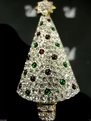 SIGNED SWAROVSKI CRYSTAL CHRISTMAS TREE PIN~BROOCH 22 KT GOLD PLATED NEW