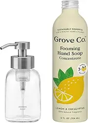 Foaming Hand Soap Concentrate (12 Fl Oz) + Reuseable Glass Soap Dispenser, Plastic Free and Liquid Refillable Starter Kit, Natural Lemon & Eucalyptus Fragrance