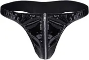 [FEESHOW] Men's Wetlook Bikini Briefs Underwear Zipper Open Front Pouch T-Back Tanga G-String Thongs